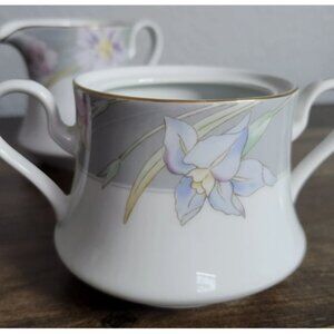 MIKASA Charisma Gray L9049 Creamer and Sugar Bowl w/Lid Floral Gold Trim Japan